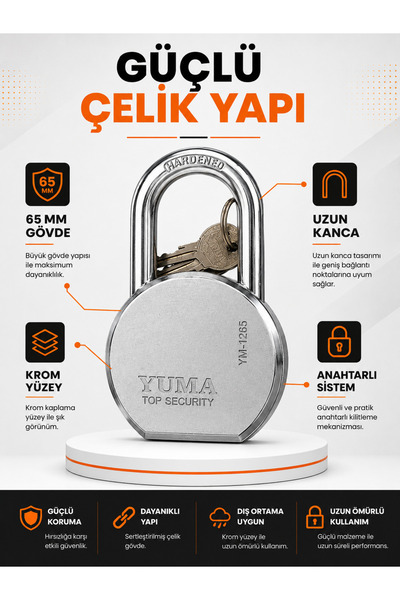 Zeyn Gross Yuma 65 mm Uzun Kancalı Çelik Asma Kilit YM-1265L Anahtarlı Güvenl...