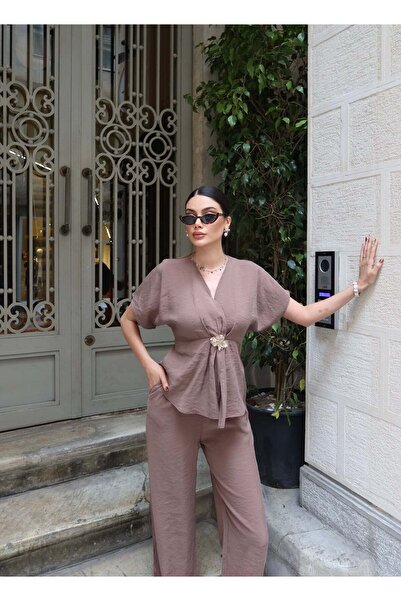 KECHİ WOMAN Tencel Fabric Tie-Back Set with Gold Accessories — Brown
