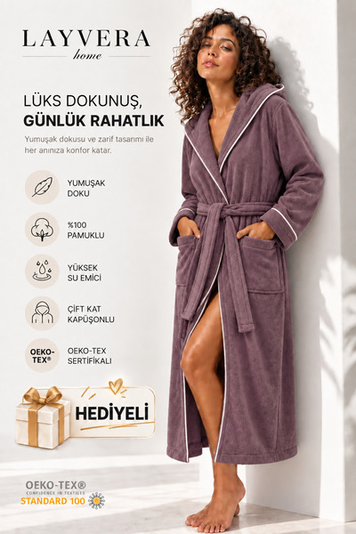 Layvera Unisex Mürdüm Bornoz %100 Pamuk | Yüksek Kalite, Kapüşonlu ve Biyeli