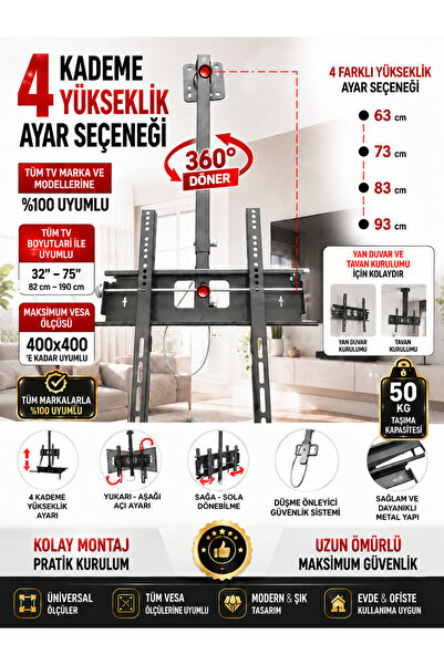 bt bayır teknoloji Tüm Lcd Led Tv Lere Uyumlu Tavan Askı Asma Aleti Aparatı 3...