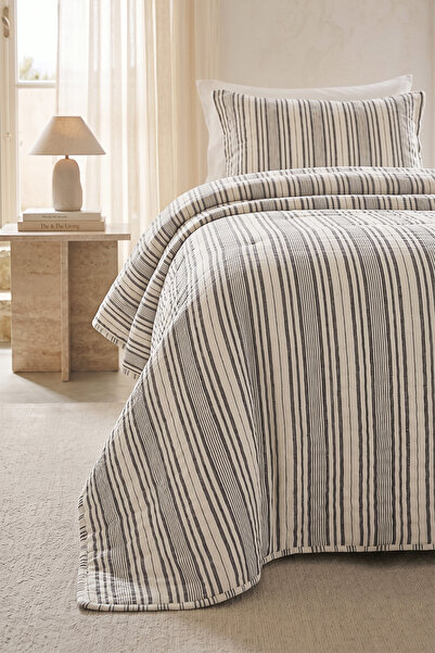 Ocean Home Textile Pamuklu Kapitoneli Antrasit Renk Çizgi Desen Tek Kişilik Y...