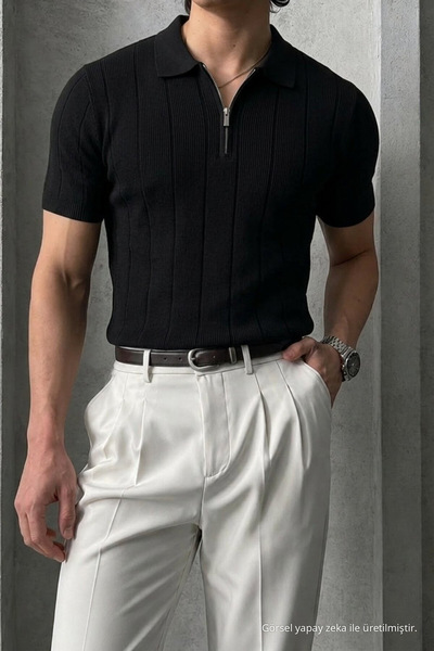 Maccali Men's Casual Striped Zippered Black Polo Knitwear T-Shirt