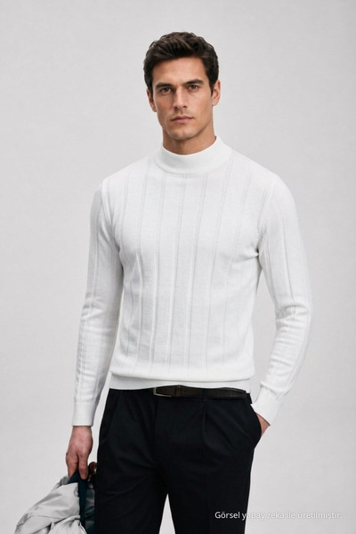 Maccali Men's Knitwear Long Sleeve T-Shirt Striped White Turtleneck Sweater