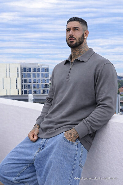 Maccali Erkek Günlük Büyük Beden Casual Füme Sweatshirt