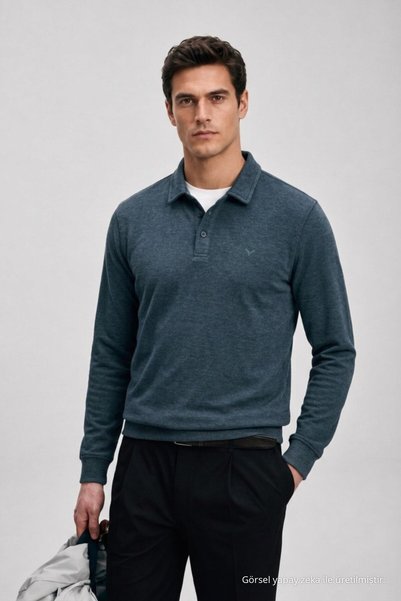 Maccali Men's Casual Winter Petrol Long Sleeve Polo Collar T-Shirt