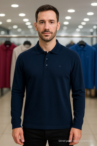 Maccali Erkek Günlük Basic Lacivert Uzun Kollu Polo Yaka Tişört