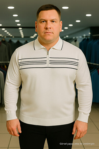Maccali Hanorac cu fermoar polo alb cu dungi pentru bărbați de mărime mare