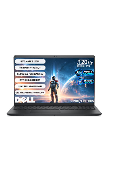 Dell PRO 15 ESSENTİAL INTEL CORE 3-100U 8GB 512GB FHD 15.6" 120Hz UBUNTU PV15...