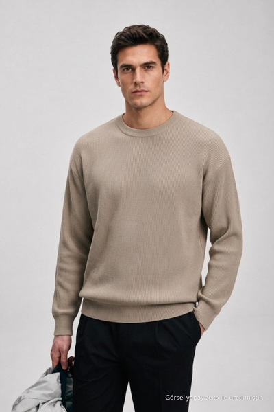 Maccali Men's Casual Winter Beige Crew Neck Basic Sweater