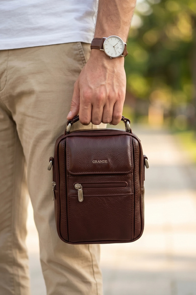 Grande 4586 100% Genuine Leather Men's Handbag Crossbody Bag Brown
