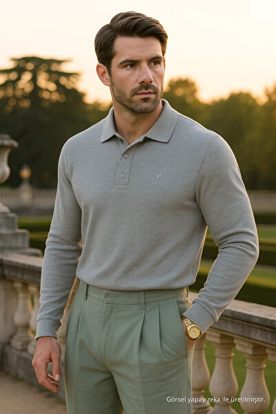 Maccali Erkek Günlük Salaş Polo Yaka Uzun Kollu Gri Tişört