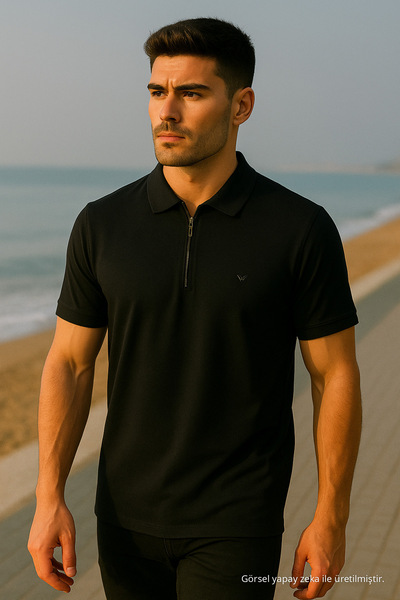 Maccali Men's Short Sleeve Zippered Basic Black Polo Neck T-Shirt