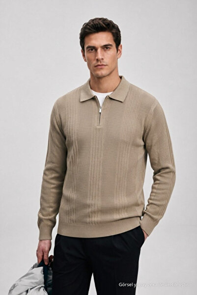 Maccali Men's Winter Polo Collar Beige Zippered Knit Sweater