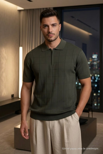 Maccali Tricou cu guler polo pentru bărbați, cu dungi, premium, kaki, din tri...