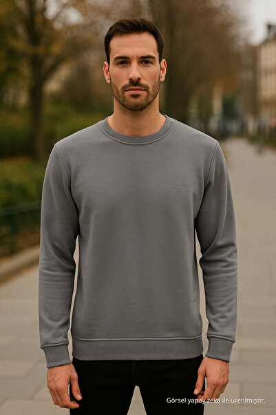Maccali Erkek Bisiklet Yaka Trend Uzun Kollu Uzun Antrasit Kazak
