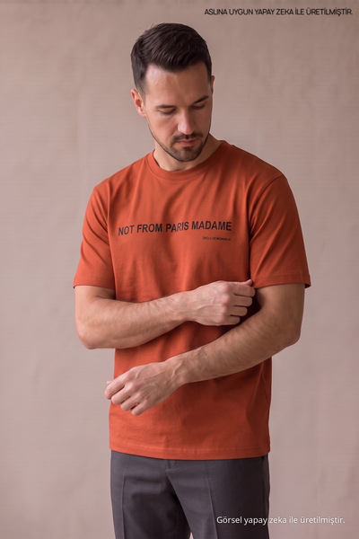 Maccali Orange Men's Not from Paris Printed Crew Neck T-Shirt