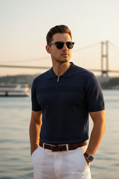 Maccali Men's Trend Navy Blue Polo Collar Knitwear T-Shirt