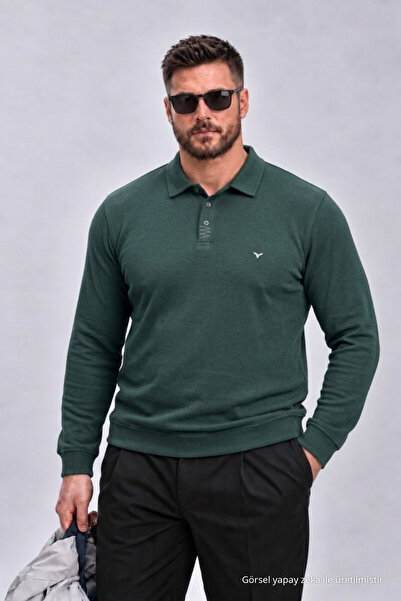 Maccali Tricou verde cu mânecă lungă și guler polo pentru bărbați, mărime mare