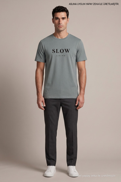 Maccali Ανδρικό μπλουζάκι με στάμπα Slow Living σε χακί πράσινο χρώμα, με φαρ...