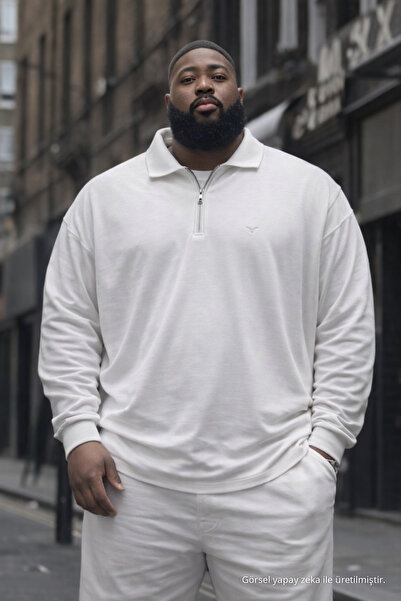 Maccali Erkek Trend Büyük Beden Beyaz Triko Sweatshirt