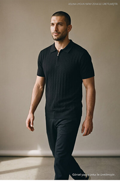 Maccali Men's Trendy Striped Black Polo Collar Knitwear T-Shirt