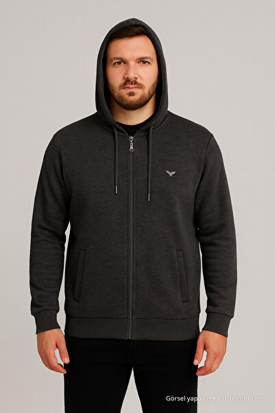 Maccali Erkek Uzun Kollu Füme Kapüşonlu Fermuarlı Sweatshirt