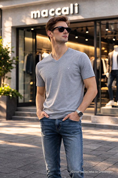 Maccali Tricou gri pentru bărbați, din bumbac, cu decolteu în V, Trend Summer