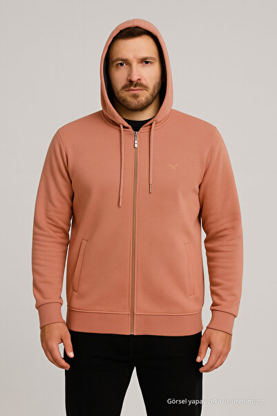 Maccali Erkek Uzun Kollu Pembe Kapüşonlu Fermuarlı Sweatshirt