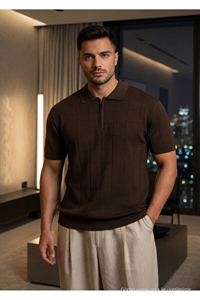 Maccali Men's Striped Premium Dark Brown Knitwear Polo Neck T-Shirt