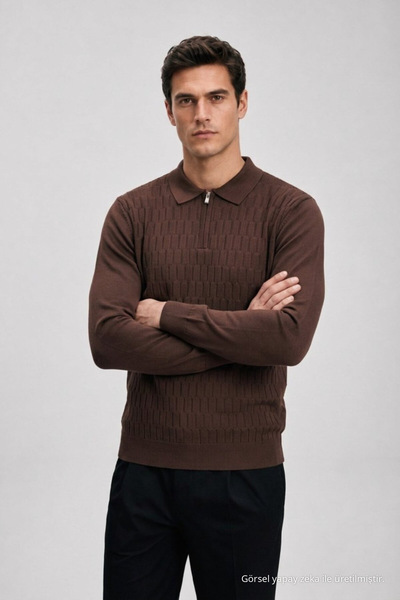 Maccali Men's Zipper Collar Textured Dark Brown Long Sleeve Knit Sweater