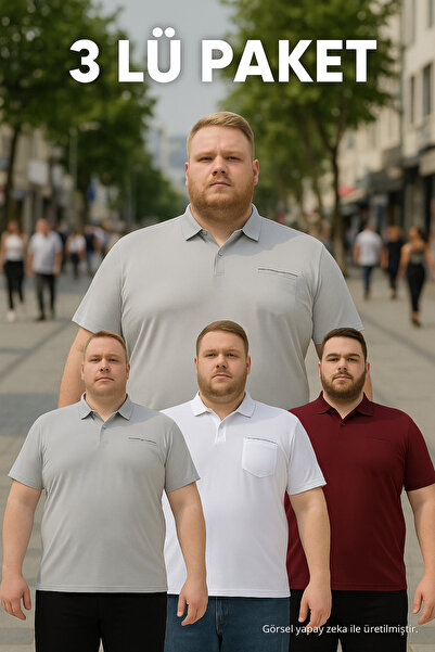Maccali Tricou pentru bărbați, 3 piese, mărime mare, lung, de bază, cu gât polo