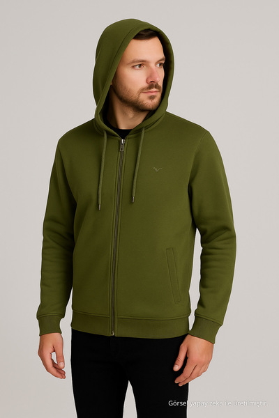 Maccali Erkek Uzun Kollu Haki Kapüşonlu Fermuarlı Sweatshirt