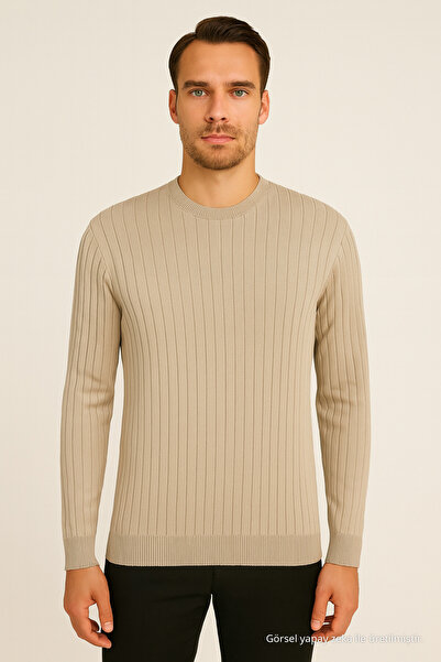 Maccali Men's Long Sleeve Striped Beige Winter Knit Sweater
