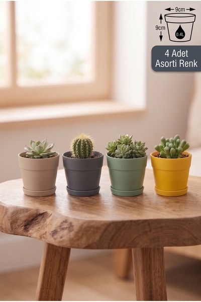 ToXA 4 Adet Mini 9cm 0.4 Litre Karışık Mono Saksı Dekoratif Tabaklı Mat Çiçek...