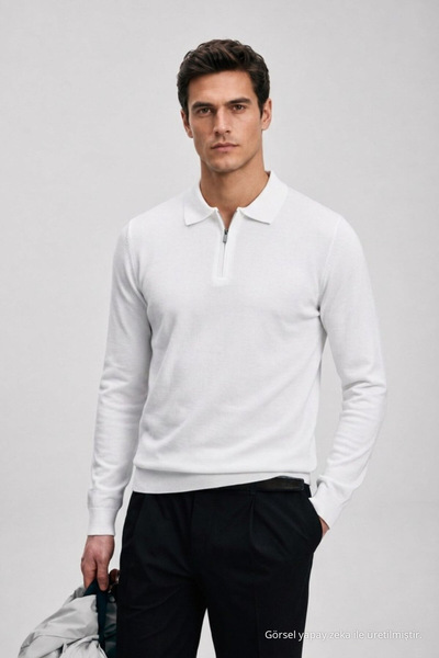 Maccali Men's Basic Polo Collar White Long Sleeve Knitwear T-Shirt