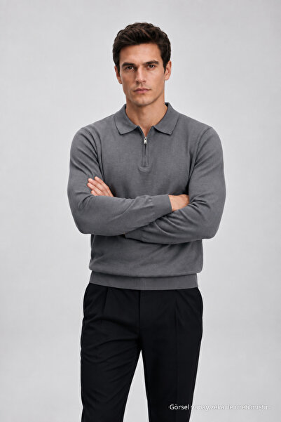 Maccali Tricou tricotat cu mânecă lungă, guler polo, pentru bărbați