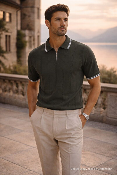 Maccali Men's Trend Striped Premium Khaki Polo Neck T-Shirt