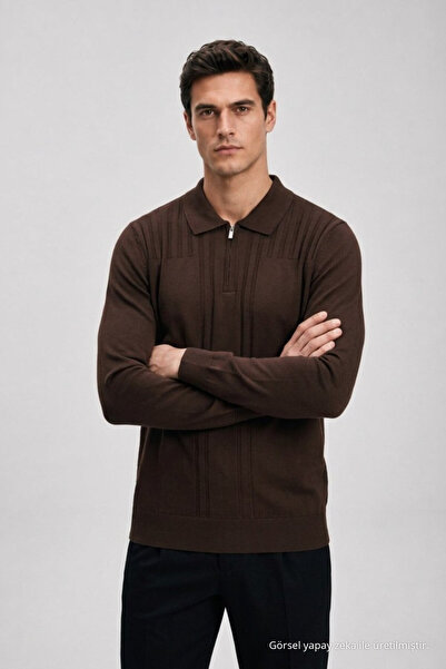 Maccali Men's Textured Polo Collar Dark Brown Long Sleeve Knit Sweater