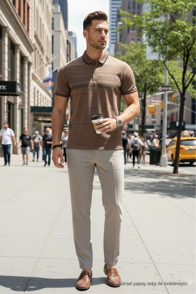Maccali Men's Cotton Pack Premium Comfort Patterned Brown Polo Neck T-Shirt