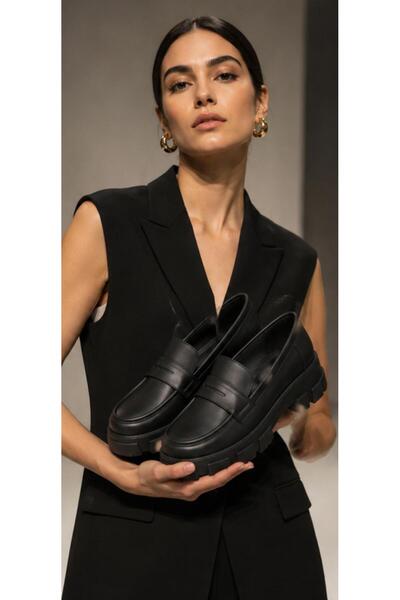 yesmoda Y2K HARAJUKU TARZ BLUCHER OKUL KOLEJ LOAFER SİYAH MAT KALIN TABAN MAK...