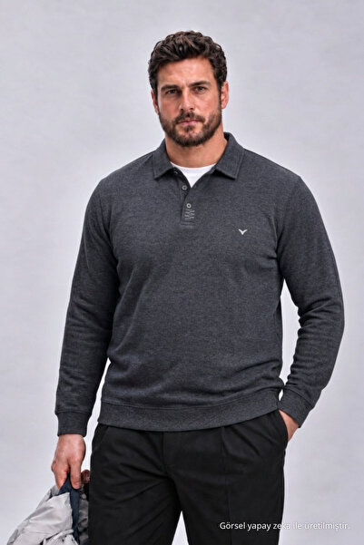 Maccali Erkek Büyük Beden Uzun Kollu Füme Polo Yaka T-Shirt
