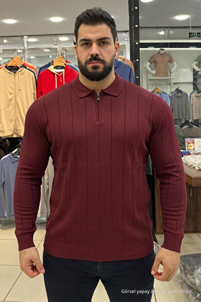 Maccali Erkek Kışlık Büyük Beden Bordo Fermuarlı Sweatshirt