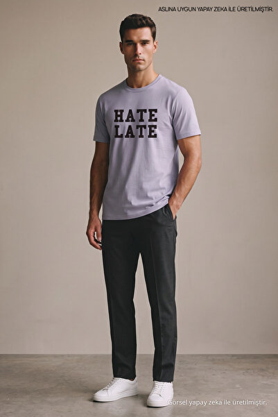 Maccali Tricou liliac pentru bărbați, cu imprimeu Hate Late, cu gât rotund și...