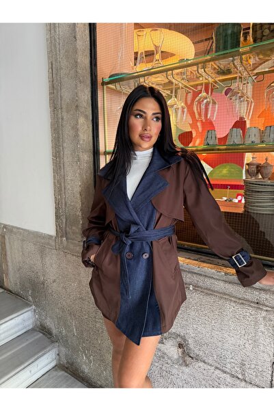 1Moda1Tarz İthal Kaşe&Denim Kumaş Kuşaklı Kol Kemer Detay Astarlı Tasarım Tre...