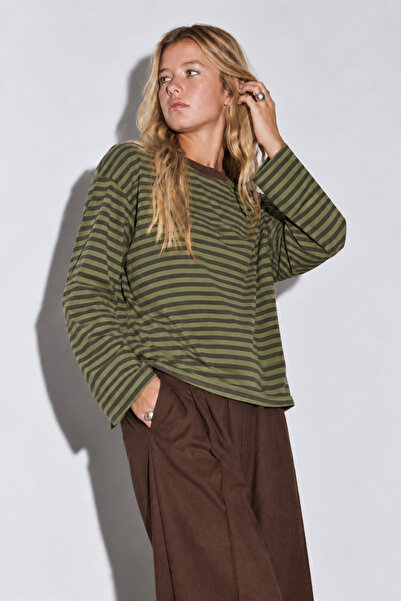 Bipantolon Women's Green Brown Striped Crew Neck Oversize Sweatshirt