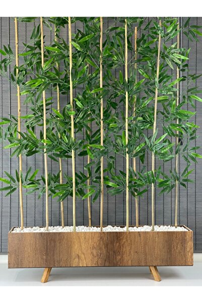 Bahçem Ahşap Ayaklı 1mt Saksılı 10 Bambu Gövdeli 180cm Dikdörtgen Yapay Yapraklı Dekoratif Bambu Seperatör