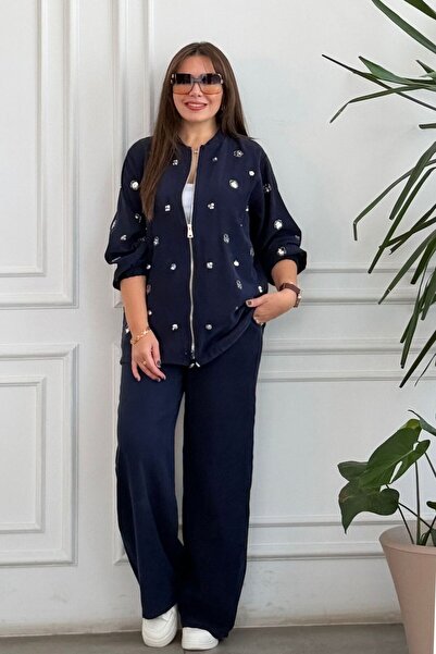 yb yağmur butik Front Zipper Sequin Embroidered Suit