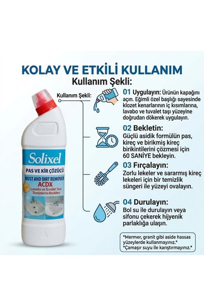 SOLİXEL 950ML Pas ve Kir Çözücü Ultra Güçlü Tuvalet ve Lavabo Taşı Temizleyici Beyazlatıcı Etki