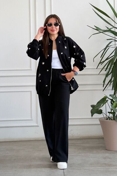 yb yağmur butik Front Zipper Sequin Embroidered Suit