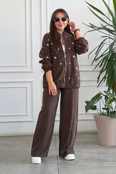 yb yağmur butik Front Zipper Sequin Embroidered Suit